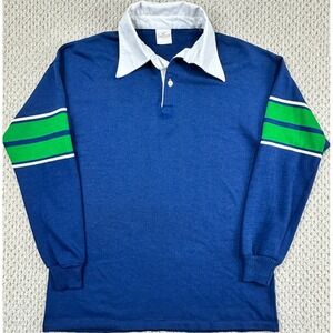 Vtg Jantzen Rugby Polo Mens M Blue Long Sleeve Slim Knit Shirt USA Made 70s